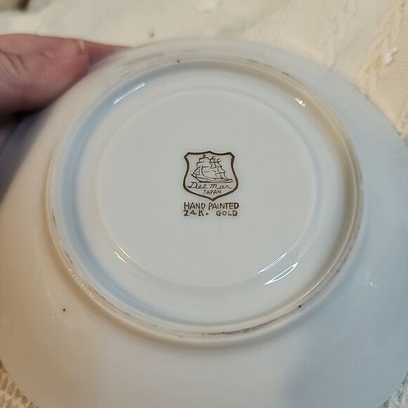 VTG Del Mar Japan Lustreware  Cup and Saucer Footed 24K Gold Trim Pastoral scene - Picture 5 of 14